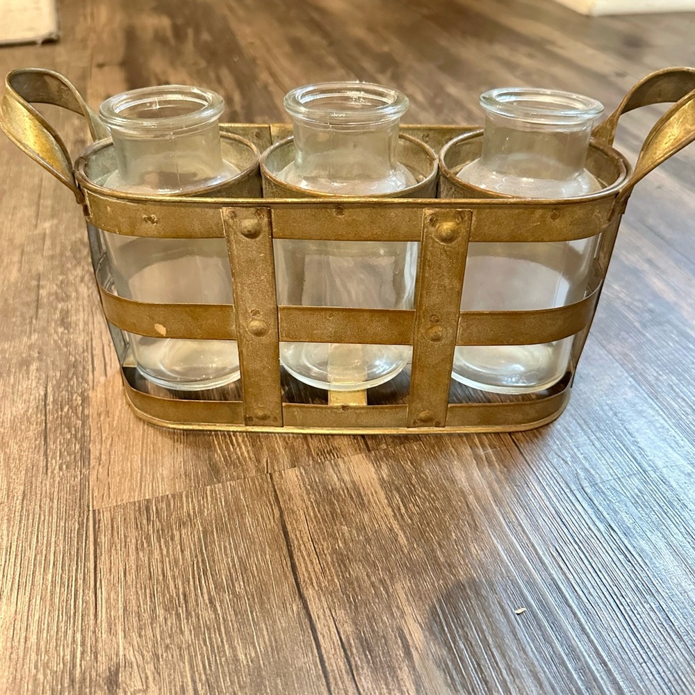 Rustic Glass Bottle Trio with Silver Metal Holder